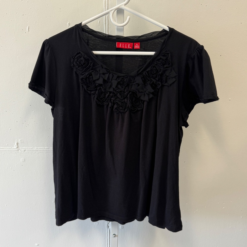 2010s Elle Rosette Bow Neck Pima Cotton Modal Short Sleeve T-shirt Top Blouse XL